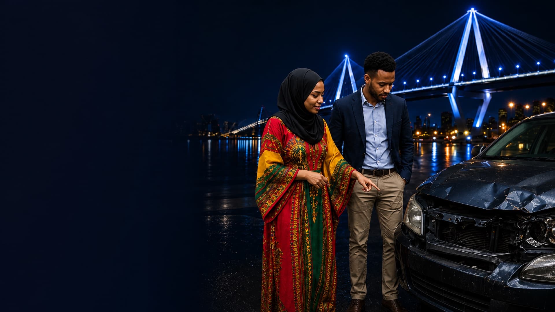 Calm nighttime bridge scene: two people review a damaged car held at the edge of the frame.